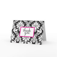 black white and hot pink damask thank you card 2 card