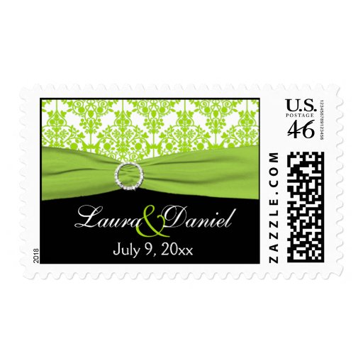Black, White, and Lime Damask Wedding Postage
