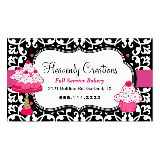 Black, White, and Pink Damask Bakery Business Card (front side)