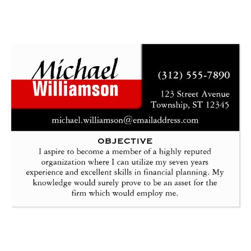 Black White and Red Corner RESUME Cards Business Card (front side)