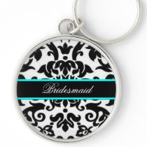 Black white & aqua Damask Bridesmaid Keychain