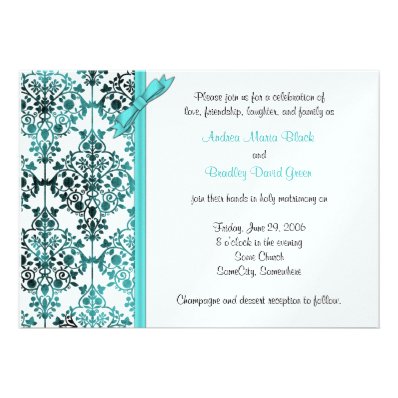 Black White Aqua Damask Floral Wedding Invitation
