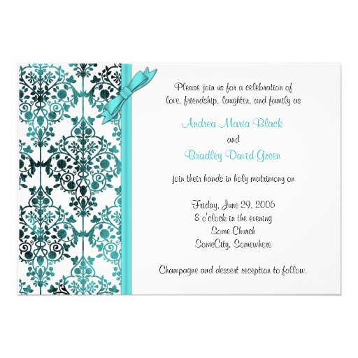 Black White Aqua Damask Floral Wedding Invitation