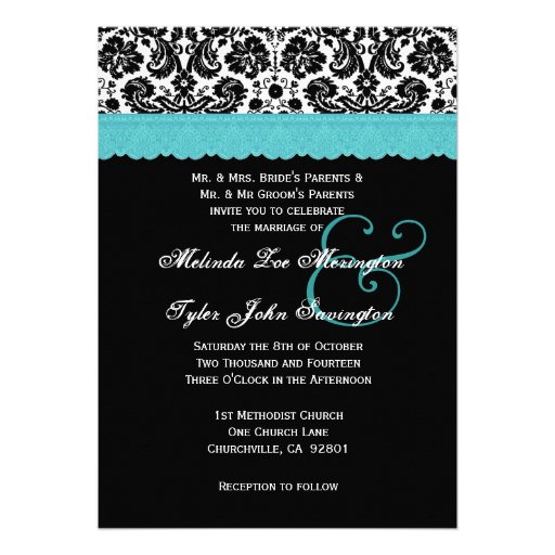 Black White Aqua Lace Flower Damask Wedding V21 Personalized Announcements