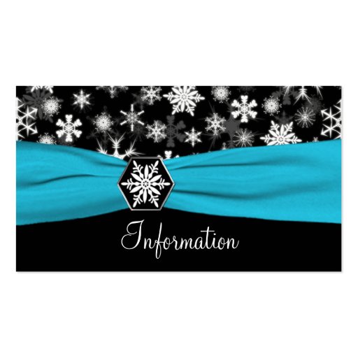 Black, White, Aqua Snowflakes Information card Business Card Template (front side)