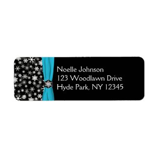 Black, White, Aqua Snowflakes Return Address Label label