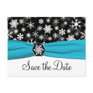 Black, White, Aqua Snowflakes Save the Date Card postcard