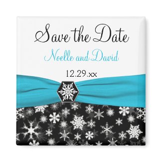 Black, White, Aqua Snowflakes Save the Date Magnet magnet