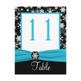 Black, White, Aqua Snowflakes Table Number Card postcard