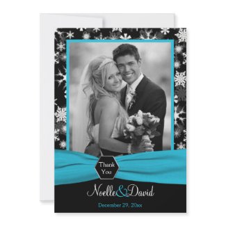 Black, White Aqua Snowflakes Thank You Card - Flat invitation