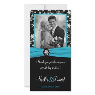 Black, White, Aqua Snowflakes Wedding Photo Card photocard