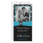 Black, White, Aqua Snowflakes Wedding Photo Card
