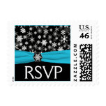 Black, White, Aqua Snowflakes Wedding RSVP Postage