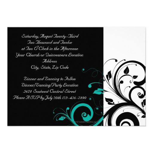 Black White Aqua Swirl Quinceañera Invitations