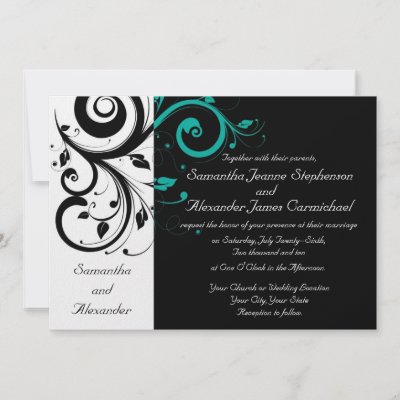 Black White Aqua Swirl Wedding Invitations by CustomInvites