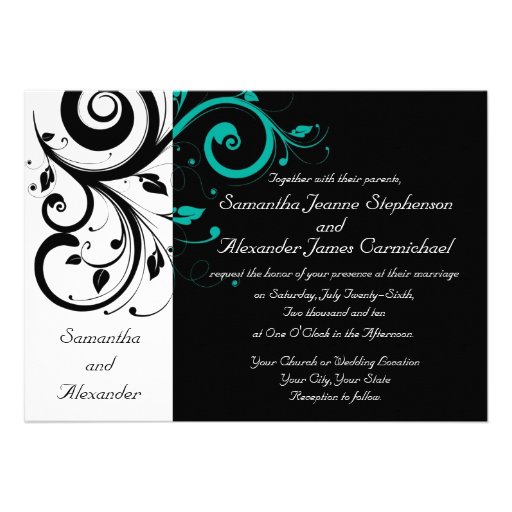Black White Aqua Swirl Wedding Invitations