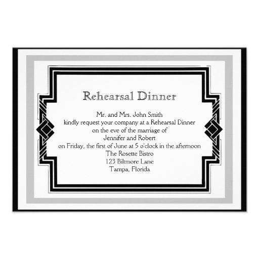 Black White Art Deco Frame Wedding Rehearsal Custom Invitations