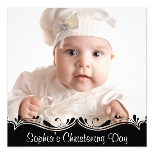 Black White Baby Photo Christening Custom Invitations