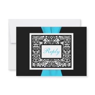 Black, White, Blue Damask with FAUX Ribbon RSVP invitation