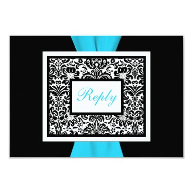 Black, White, Blue Damask with FAUX Ribbon RSVP Personalized Announcements