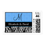 Black White Blue Zebra and Damask Monogram Wedding postage