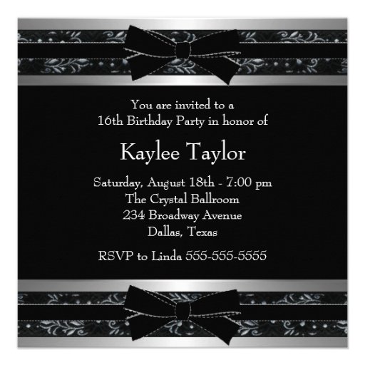 Black White Bows Sweet Sixteen Birthday Personalized Announcements