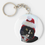Black & White Cat Santa Hat looking left no frame Keychains