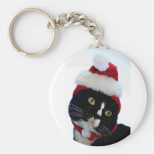 Black & White Cat Santa Hat looking left no frame Keychains