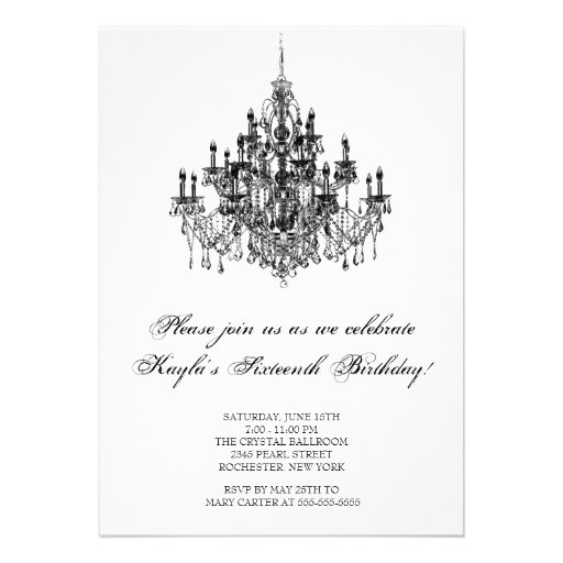 Black White Chandelier Sweet 16 Birthday Party Personalized Invite