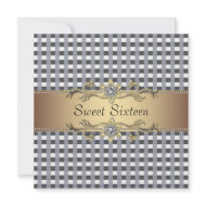Black White Check Gold Sweet Sixteen Invitation invitation