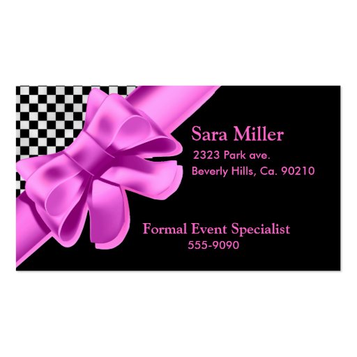 Black & White Checkerboard Pink Bow Set Business Card Templates (front side)