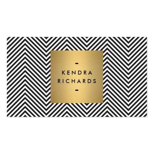 Black/White Chevron Pattern with Gold Name Logo Business Card Template (front side)