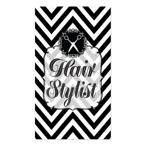 Black & White Chevron Scissors Hair Stylist Business Card Templates (front side)