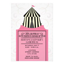 Black & White Circus Tent w Pink Ticket Birthday Personalized Announcement