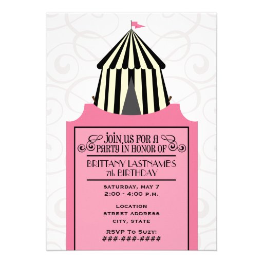Black & White Circus Tent w Pink Ticket Birthday Personalized Announcement