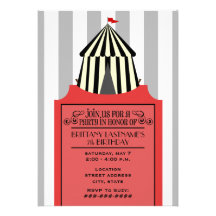 Black & White Circus Tent with Red Ticket Birthday Custom Invites