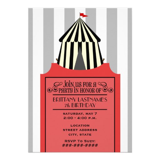 Black & White Circus Tent with Red Ticket Birthday Custom Invites
