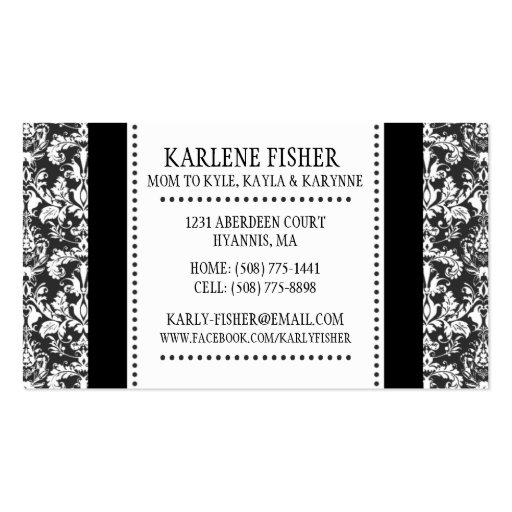 Black & White Classic Damask Mommy Calling /m Business Card (back side)