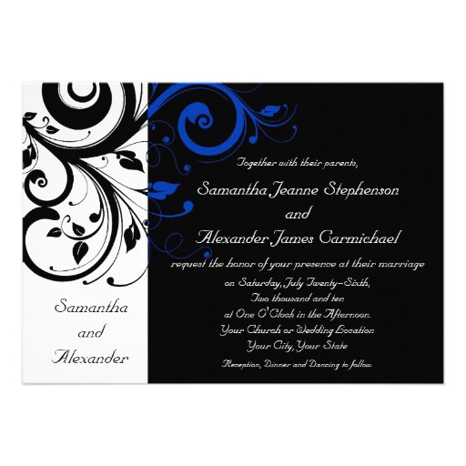 Black/White/Cobalt Blue Bold Swirl Wedding Card