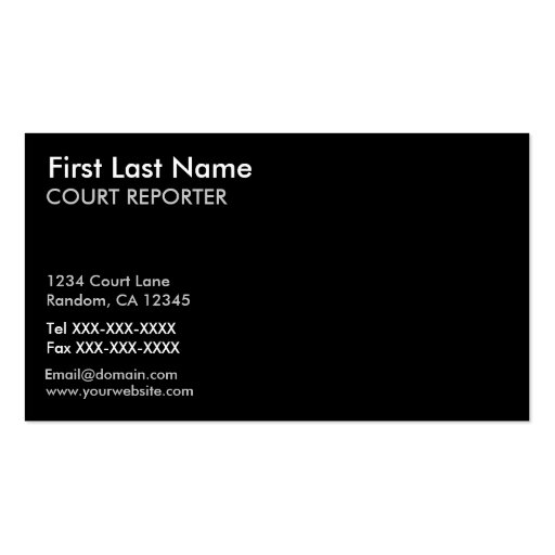 Black white court reporter custom business cards (front side)