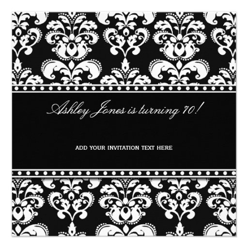 Black White Damask 70th Birthday Invitation