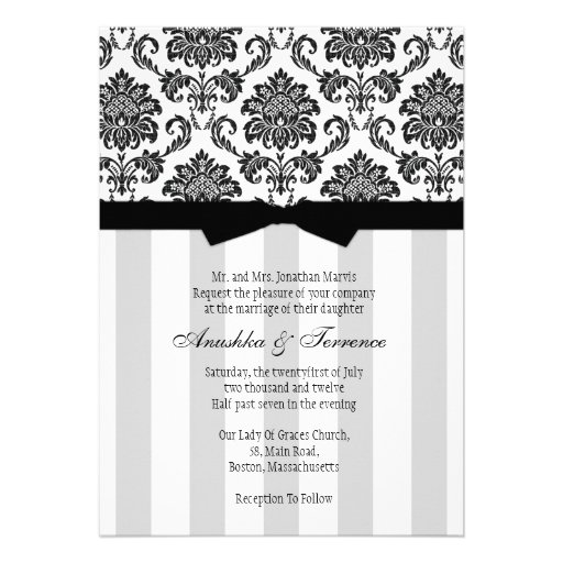 Black White  Damask and Stripes Wedding Invitation