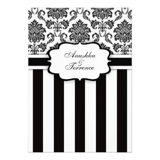 Black White  Damask and Stripes Wedding Invitation