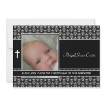 Black White Damask Baby Girl Photo Christening Announcements
