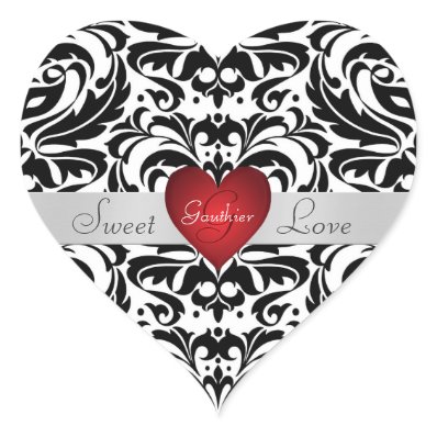 Black & White Damask Candy Buffet Heart Sticker