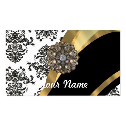 Black & white damask, faux jewel business cards (front side)