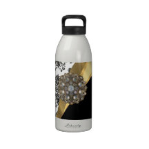 Black & white damask, faux jewel drinking bottle