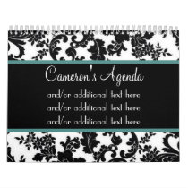Black & White Damask Floral, Blue Border Wall Calendars