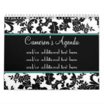 Black &amp; White Damask Floral, Blue Border Wall Calendars