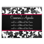 Black & White Damask Floral, Red Border Calendar